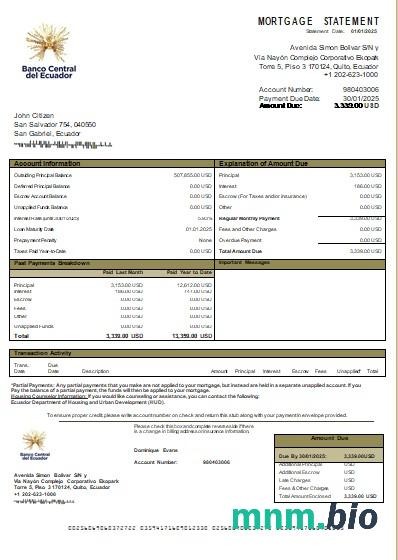 Ekwador Bank Centralny Ekwadoru wyciąg z kredytu hipotecznego szablon Word i PDF